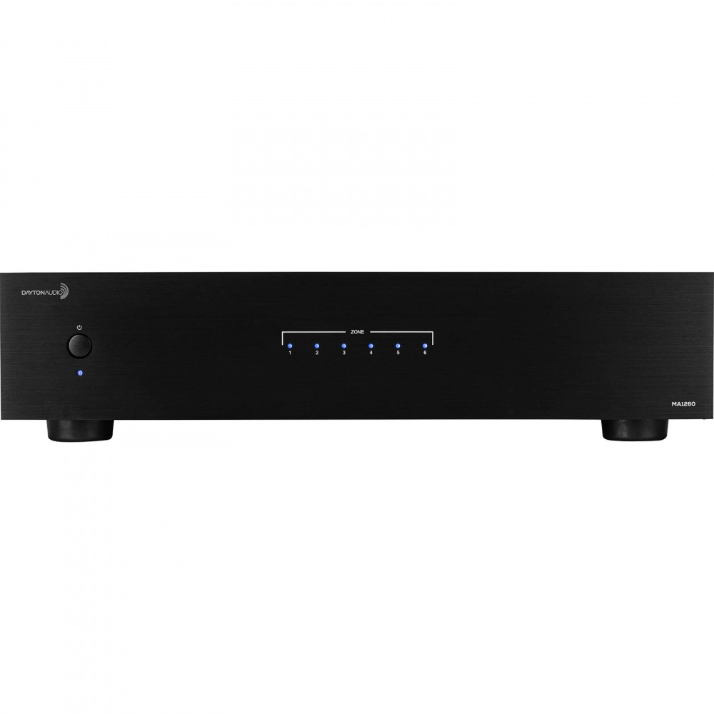 En svart ljudförstärkare med ljusindikatorer och knappar.