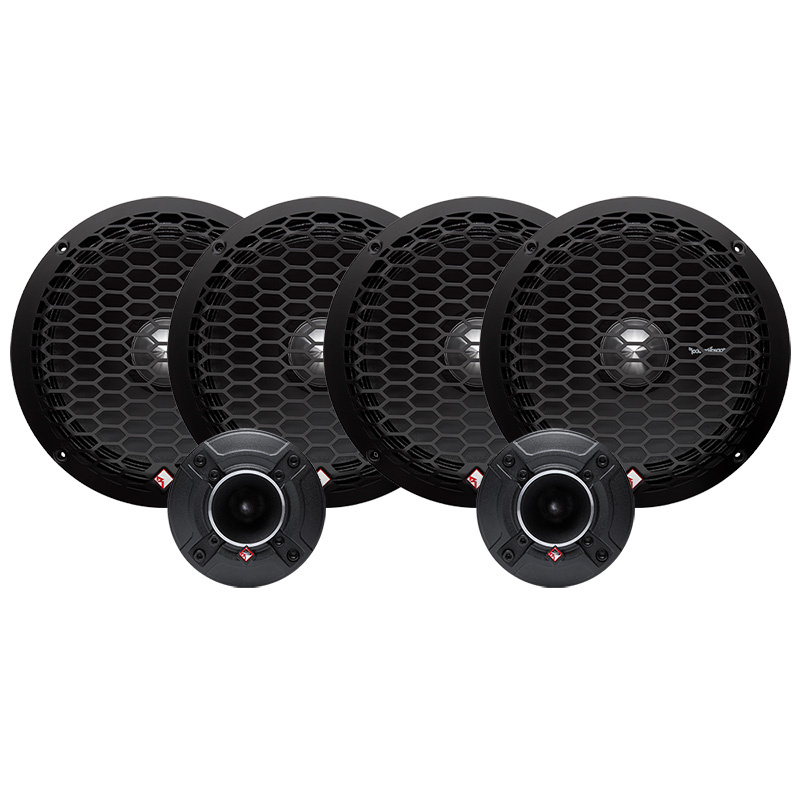 Högtalare och diskanter i ett SPL-kit för ljudsystem.