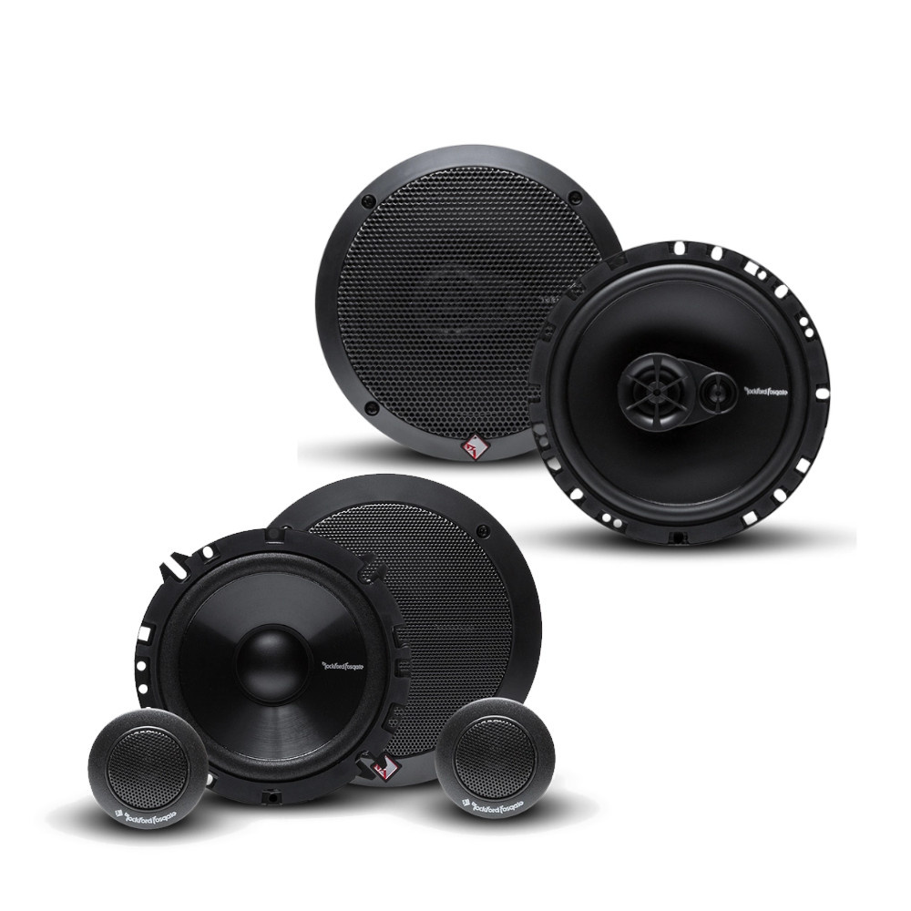Högtalare set, fram- och bakhögtalare i svart design.