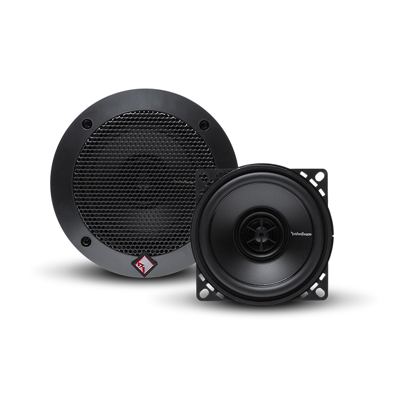 Högtalare från Rockford Fosgate Prime, fram- och bakmodell i svart design.