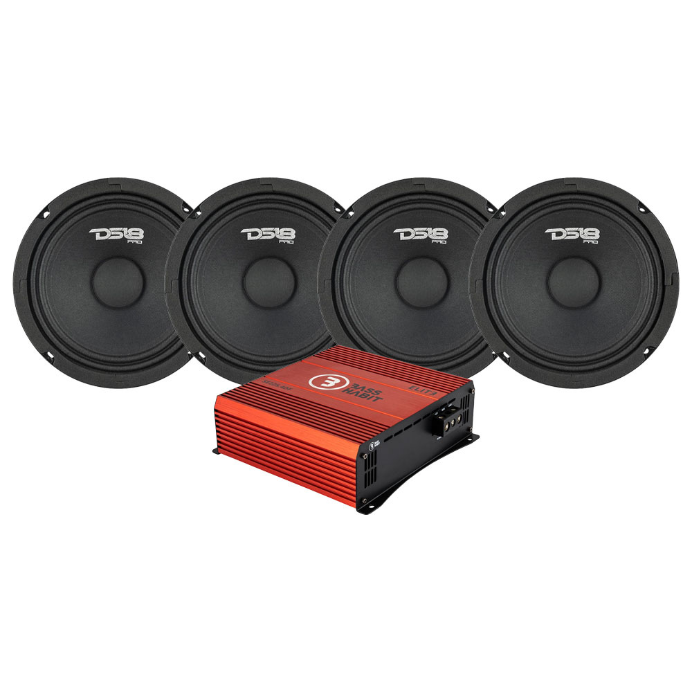 Högtalare och förstärkare i ett 4-pack, designat för ljudsystem.