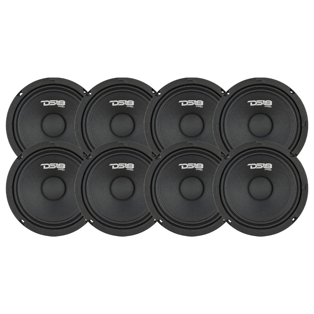 Åtta 6.5 tums midbasar i svart med logotyp.