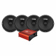 4-pack DS18 PRO-GM8.4 & Bass Habit SPL ELITE 225.4DF Fyra högtalare och en förstärkare i röd och svart design.