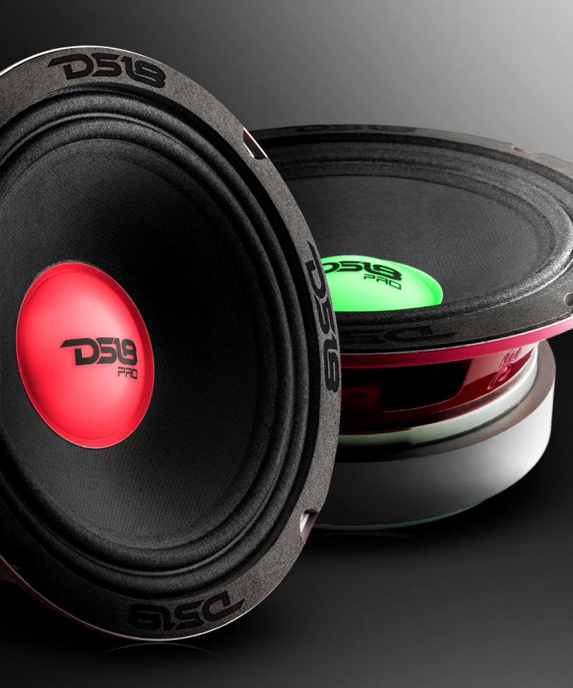 Midbas-högtalare med RGB LED-belysning, svart och röd design.