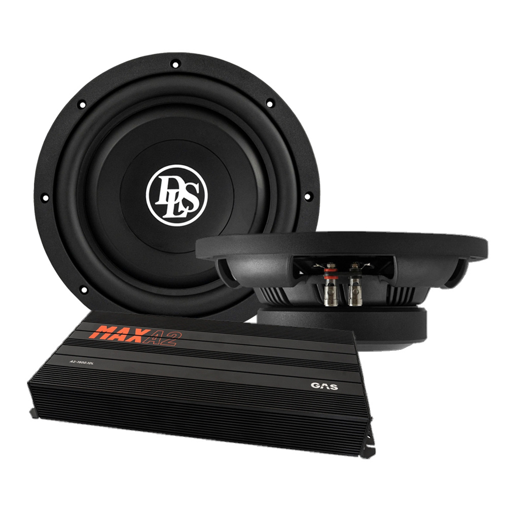 Baspaket med två DLS PS10 subwoofers och GAS MAX A2-1500.1D förstärkare.