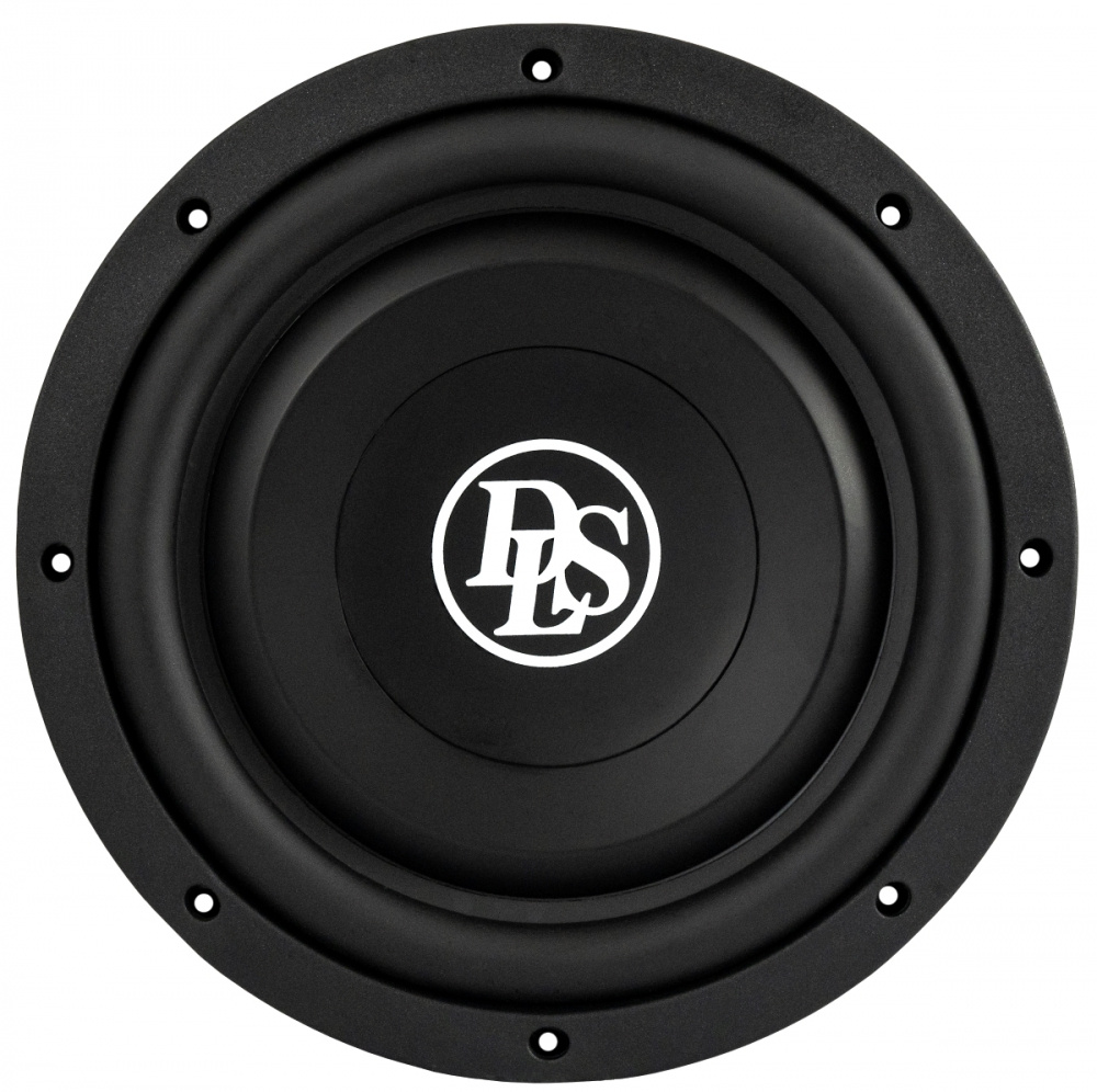 Svart subwoofer med DLS-logotyp, designad för 1x10\