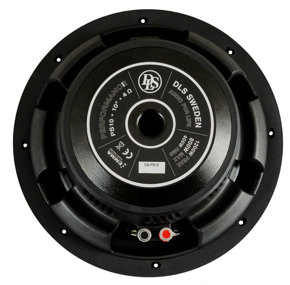 Svart subwoofer med tydlig märkning och anslutningar på baksidan.