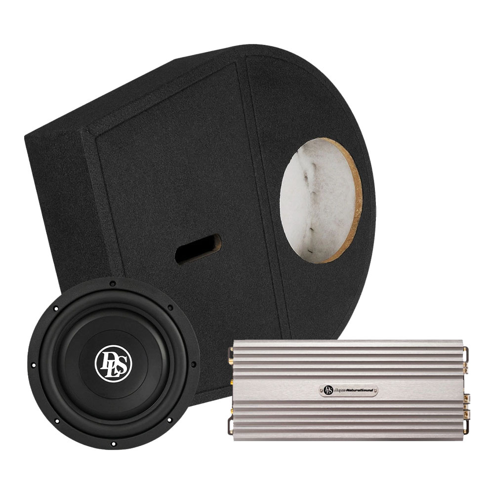 En subwoofer, en förstärkare och en baslåda i svart.