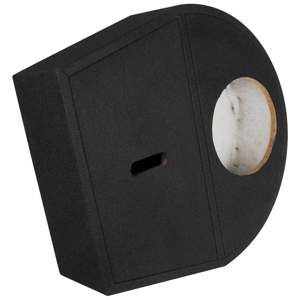 Ett svart ljudlåda för bilsubwoofer med rund utgång och öppning.