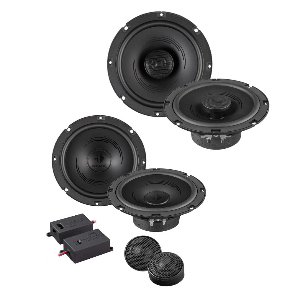 Fram- och bakhögtalare med en slät svart design och tillbehör.