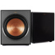 Klipsch R-120SW aktiv subwoofer, 2-PACK Två svarta subwoofers med kopparfärgade basar.