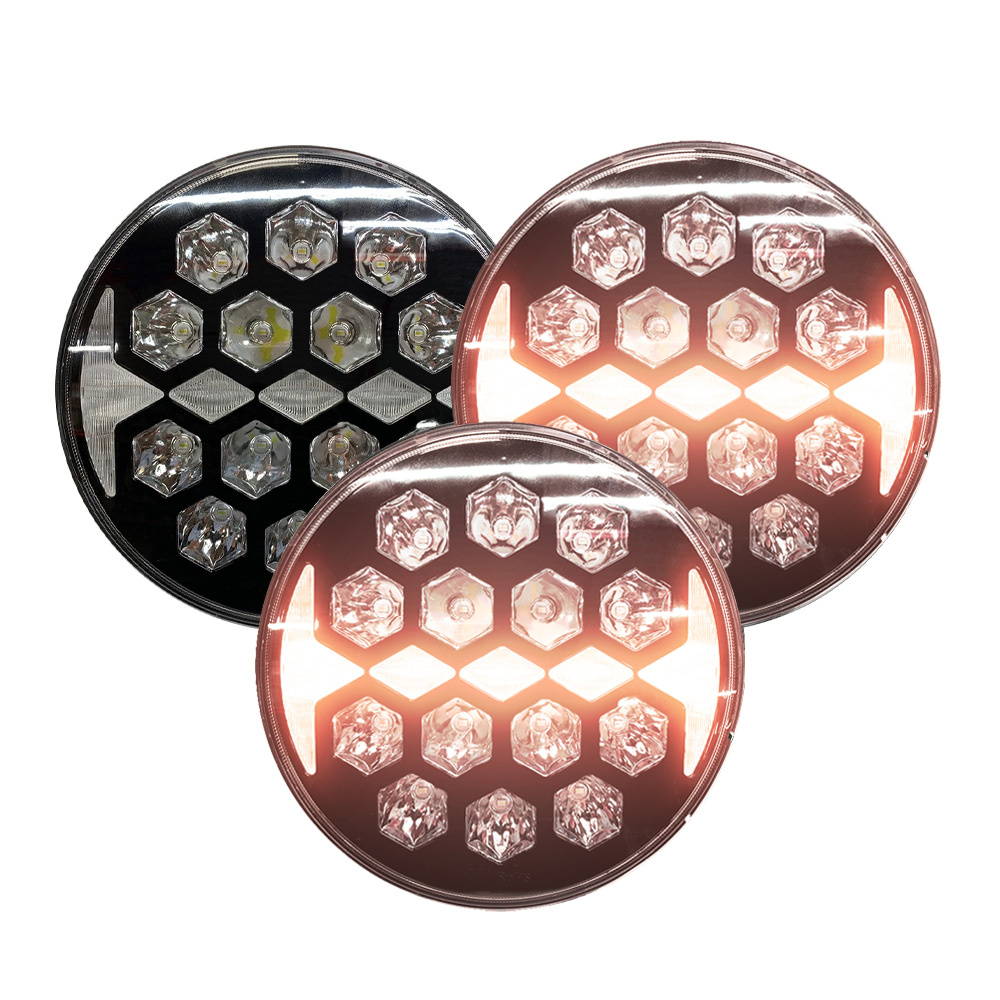 Tre runda extraljus med DRL, 9 tum, 140W, olika färger och mönster.