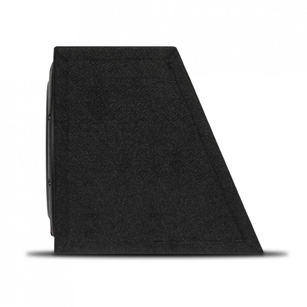 Baspaket med subwoofer, vinklad design och svart utsida.