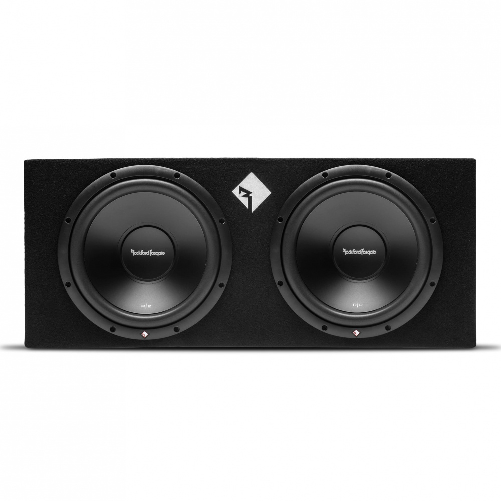 Dubbel subwooferlåda med Rockford Fosgate R2-enheter för bassystem.