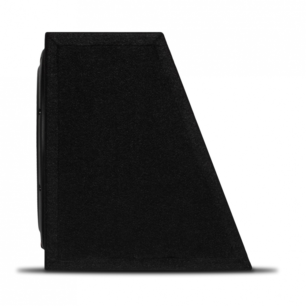 Svart subwooferlåda med lutande design för bilstereo.