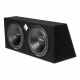 Rockford Fosgate R2-2X12 med SPL64, raggarpaket Två svartade subwoofers i en vinklad låda för bilstereosystem.