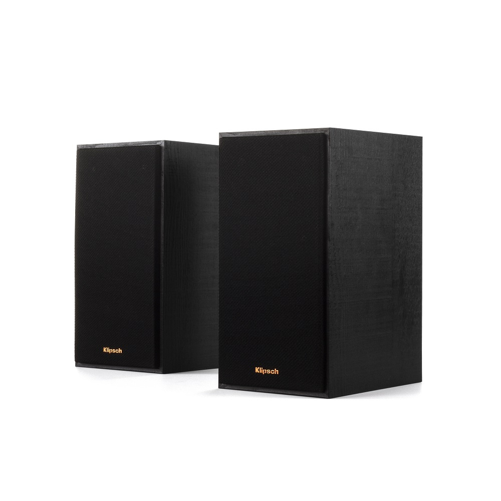 Svarta högtalare i förpackning, Klipsch R-41PM & R-120SW 2.1 system.