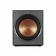 Klipsch R-41PM & Klipsch R-120SW 2.1 högtalarpaket, svart Svart subwoofer med en stor, gyllenbrun basdriver.