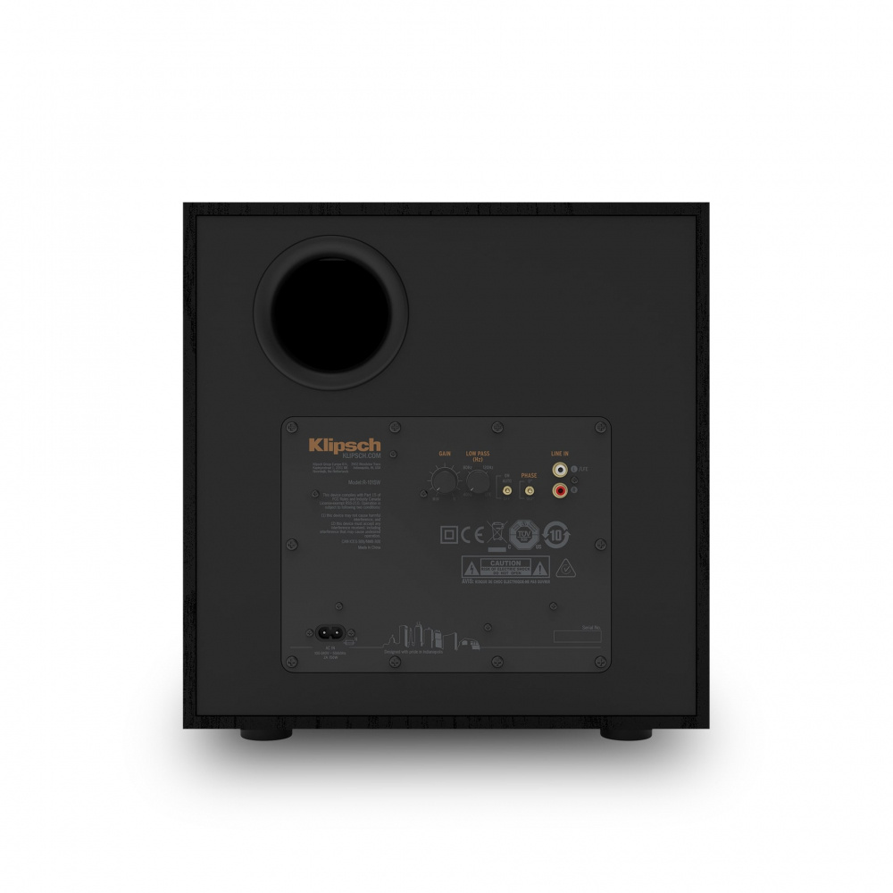 Bakpanel med anslutningar och kontroller för Klipsch subwoofer.