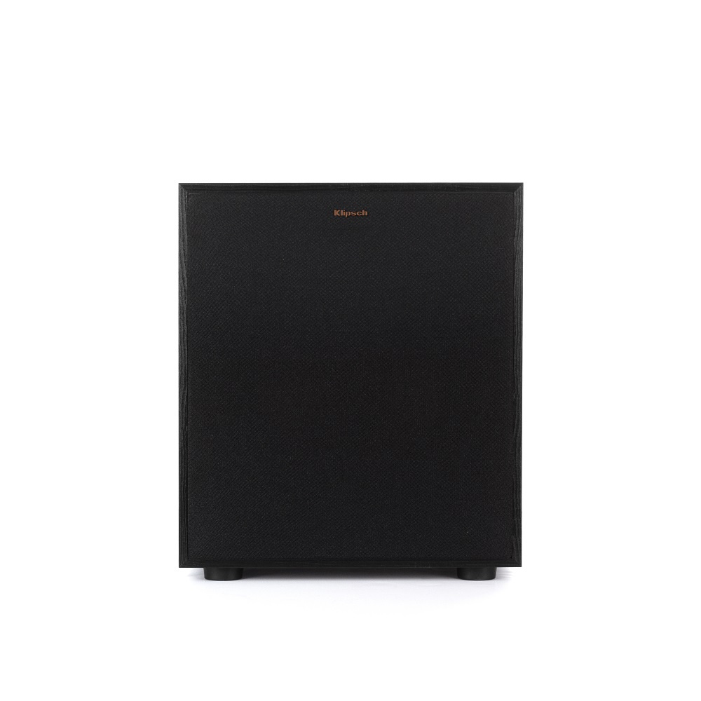 Svart subwoofer med Klipsch-logotyp, minimalistisk design.