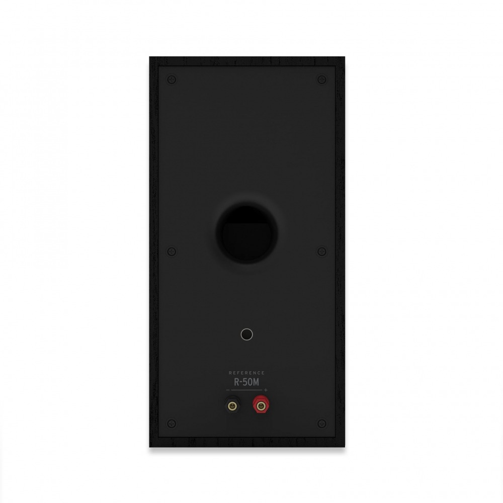 En svart högtalare med anslutningar på baksidan.