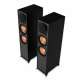 Klipsch R-800F & R-121SW 2.1 högtalarpaket, svart Två svarta golvhögtalare med kopparfärgade element.