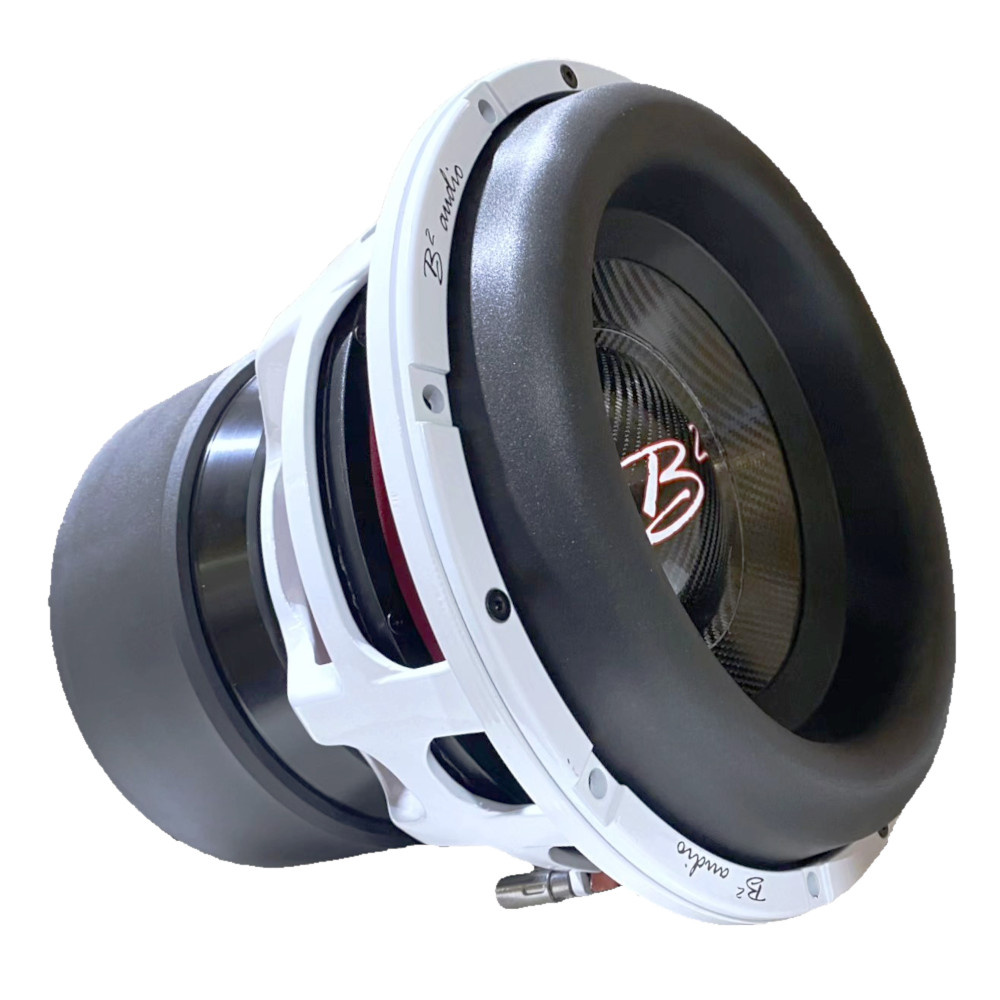 En stor subwoofer med vit ram och svart kon, designad för kraftfull basåtergivning.