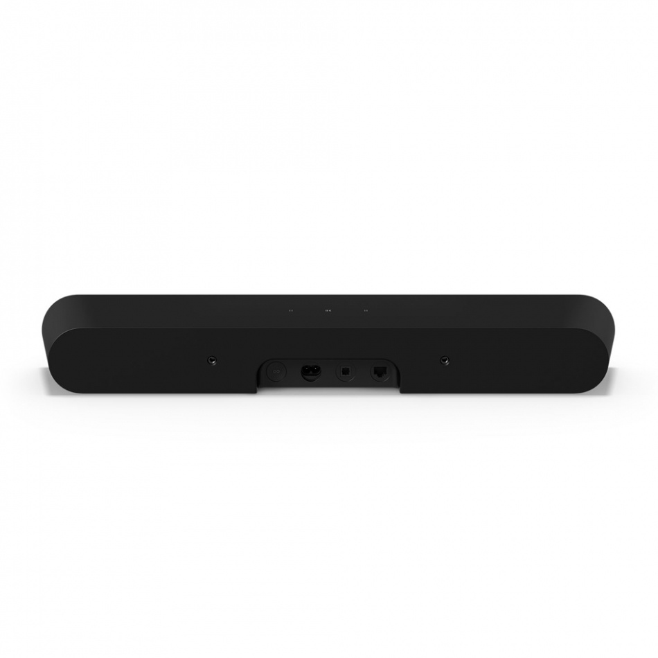 En svart soundbar med slät design och anslutningsportar på baksidan.