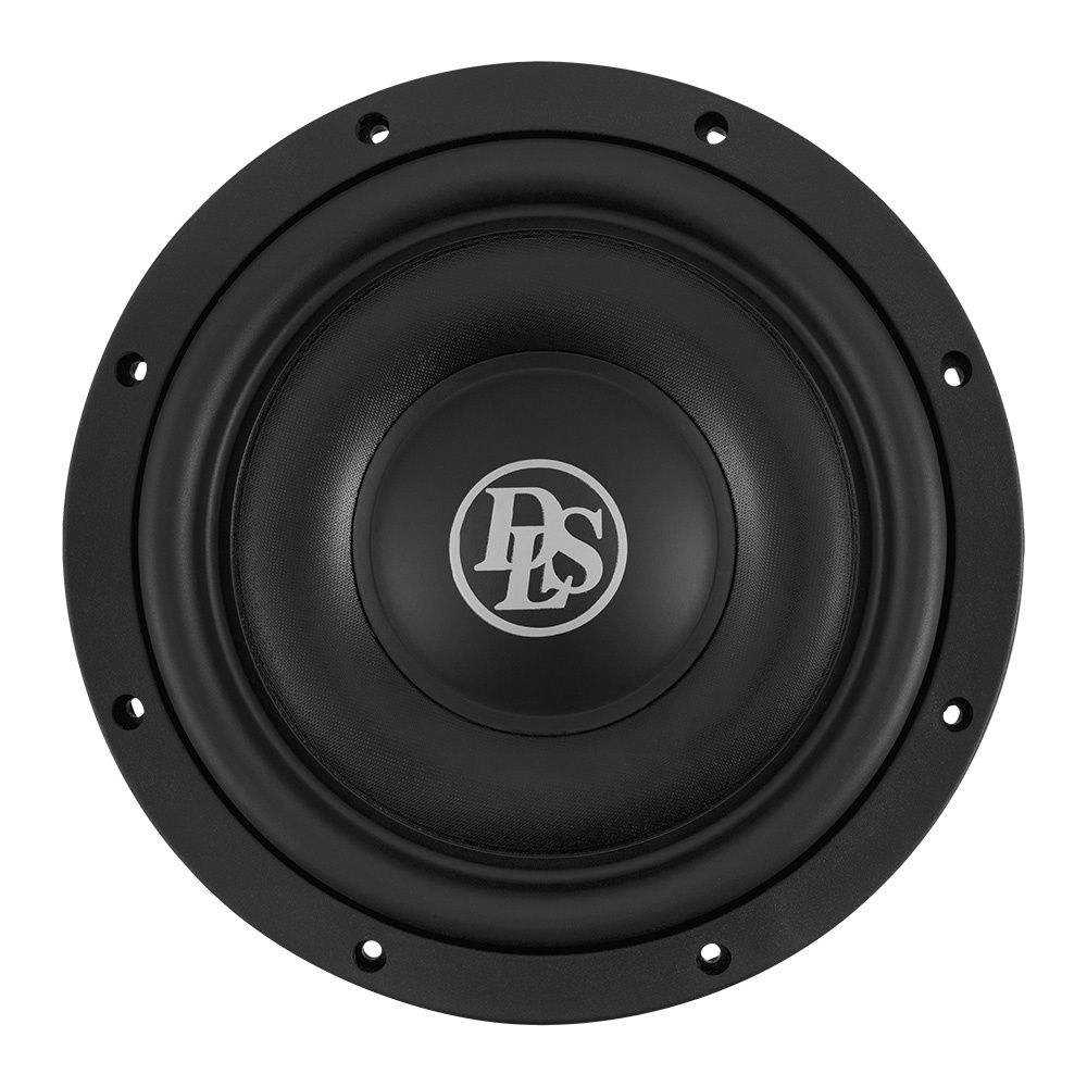 En rund subwoofer med en svart yta och DLS-logotyp i mitten.