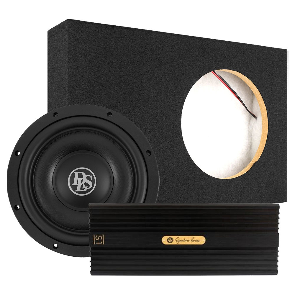 En svart låda med en subwoofer och en förstärkare.