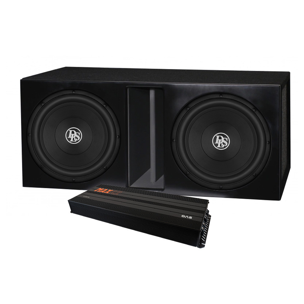 Två subwoofers i låda med en förstärkare.