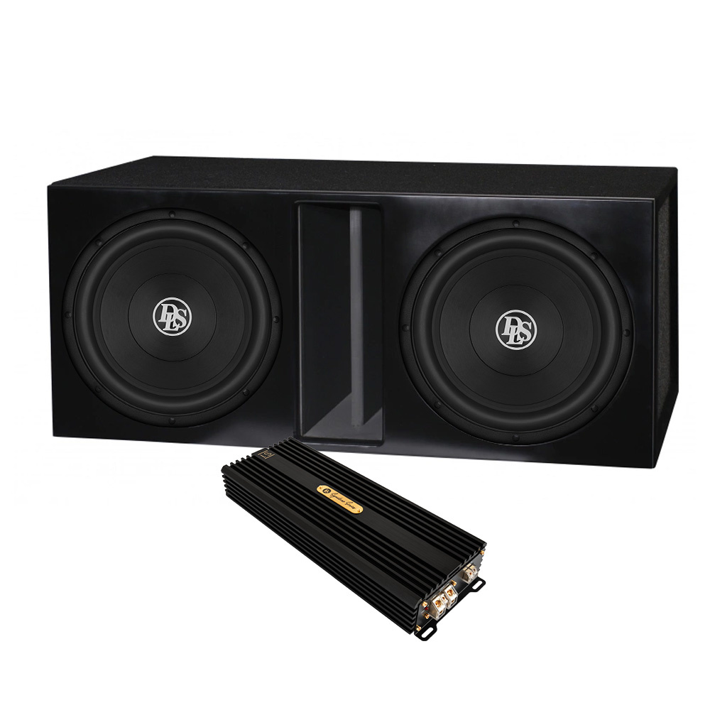 Subwooferlåda med två högtalare och förstärkare.