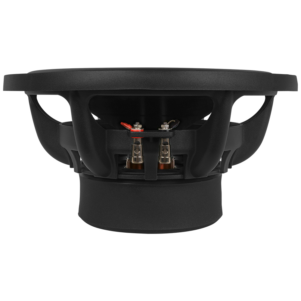 En subwoofer med kraftig design och anslutningar för hög ljudprestanda.