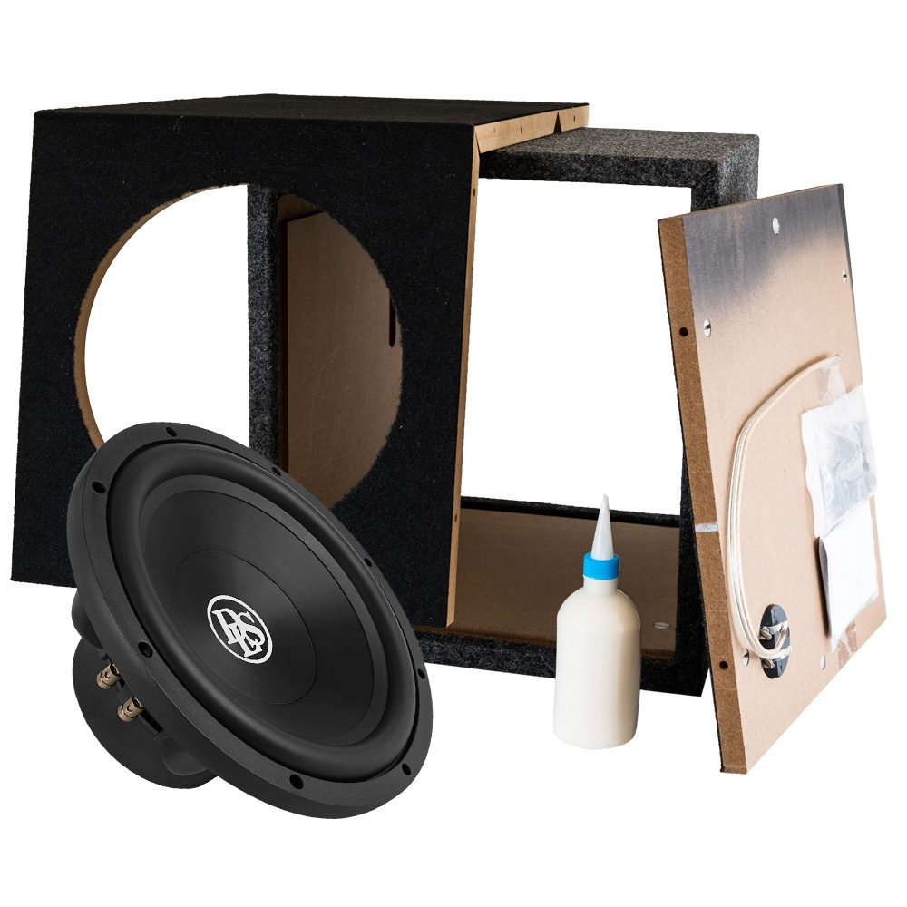 En baslåda byggsats med 12 tums högtalare och lim.