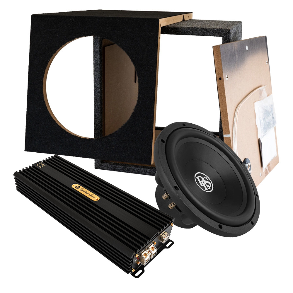 Byggsats med sublåda, förstärkare och högtalare för ljudsystem.