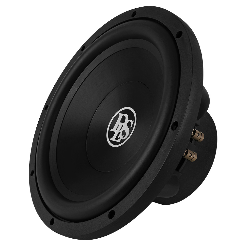 En svart subwoofer med rund form och anslutningar på baksidan.