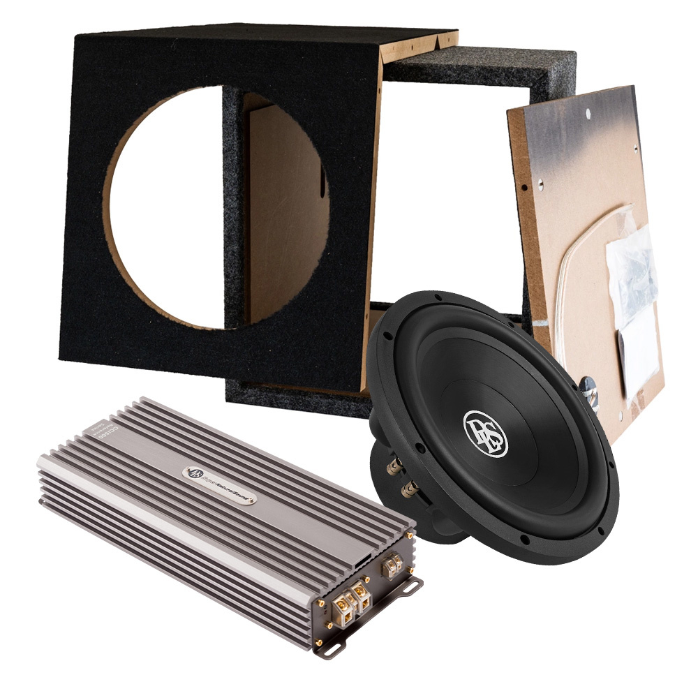 Byggsats med subwooferlåda, förstärkare och högtalare.