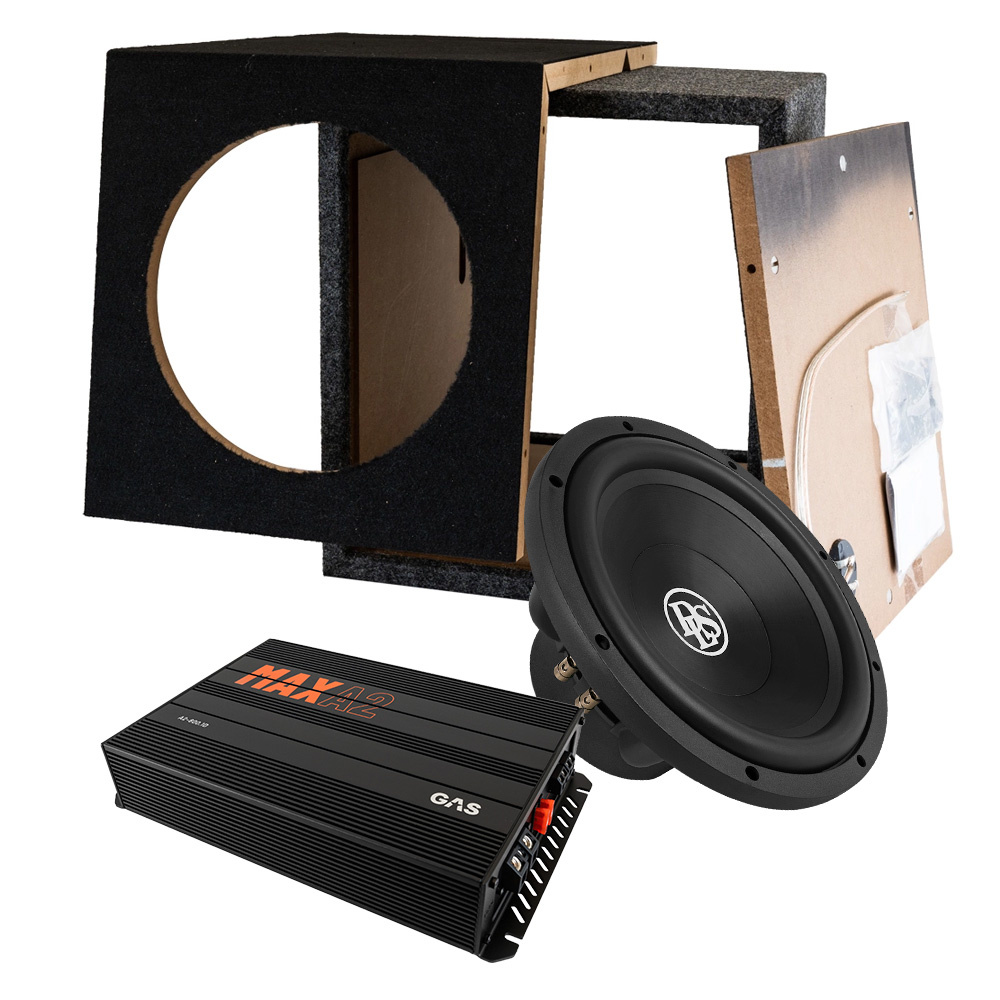 En högtalarlåda, subwoofer och förstärkare i byggsats.