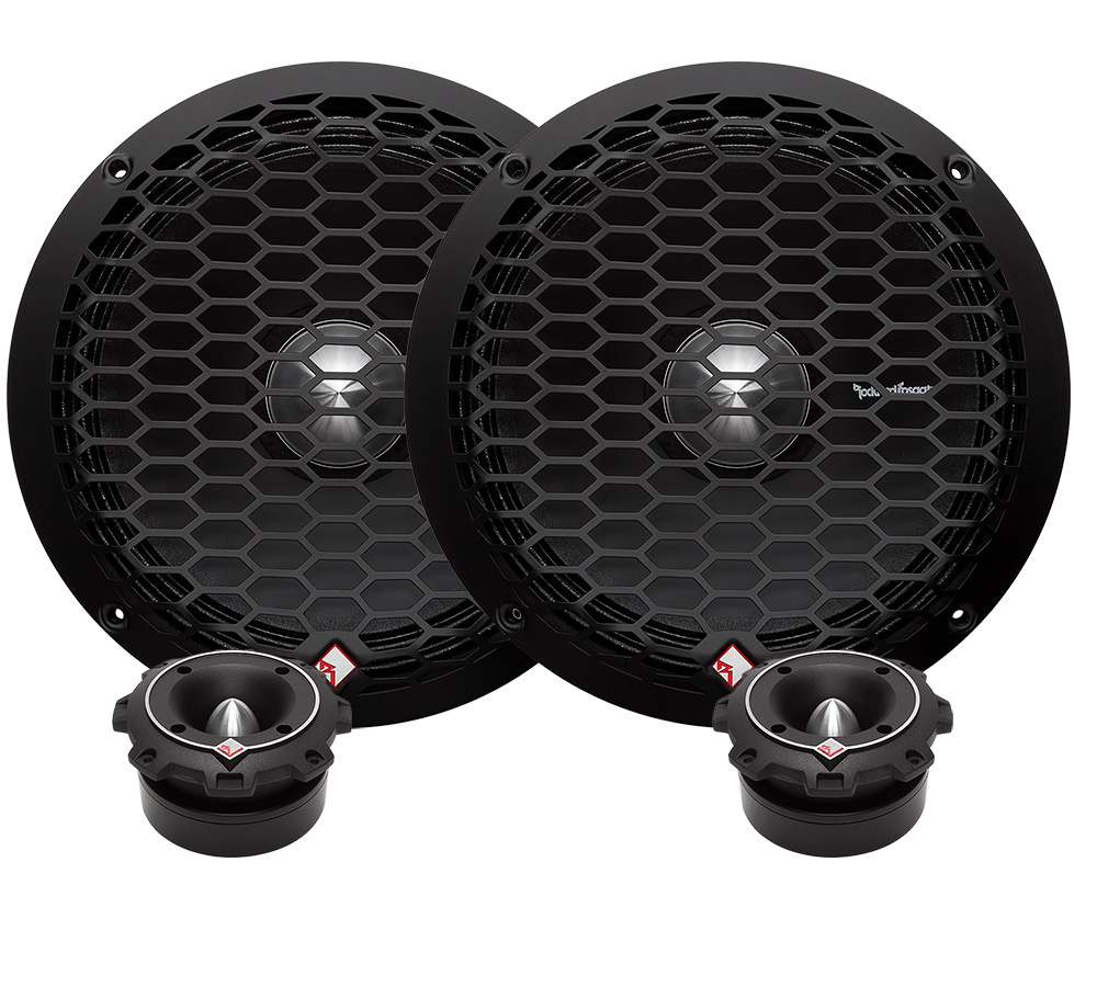 Högtalarkit med två basar och diskanter för hög ljudkvalitet.