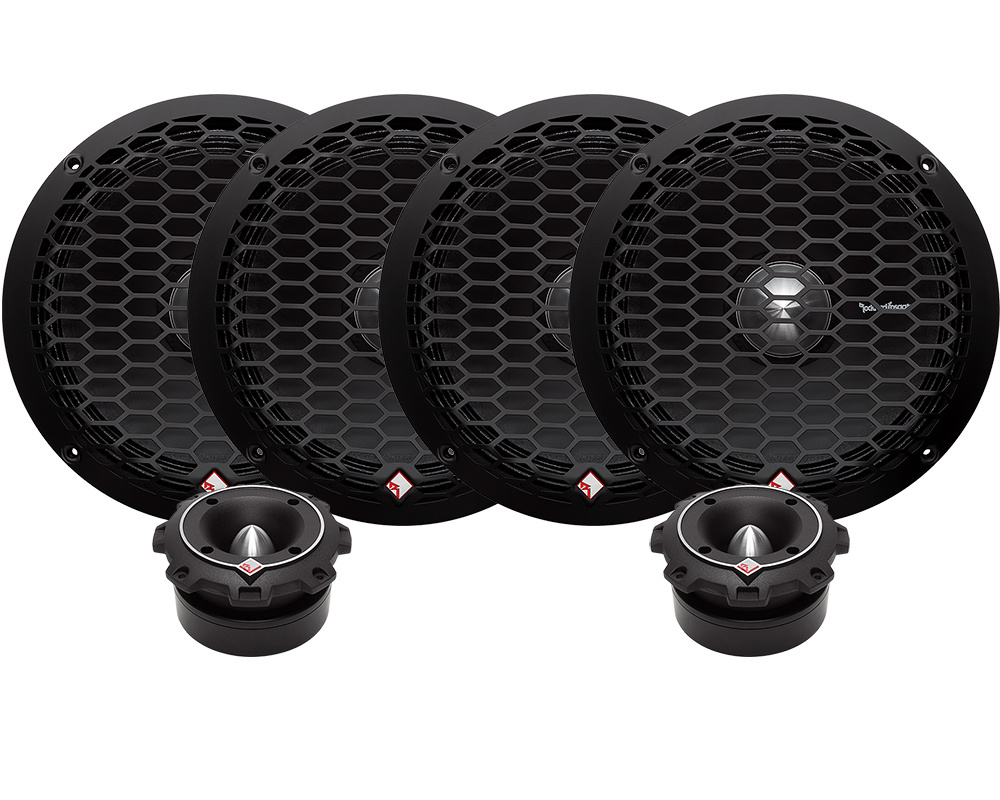 Högtalarset med fyra element och två tweeters i svart design.