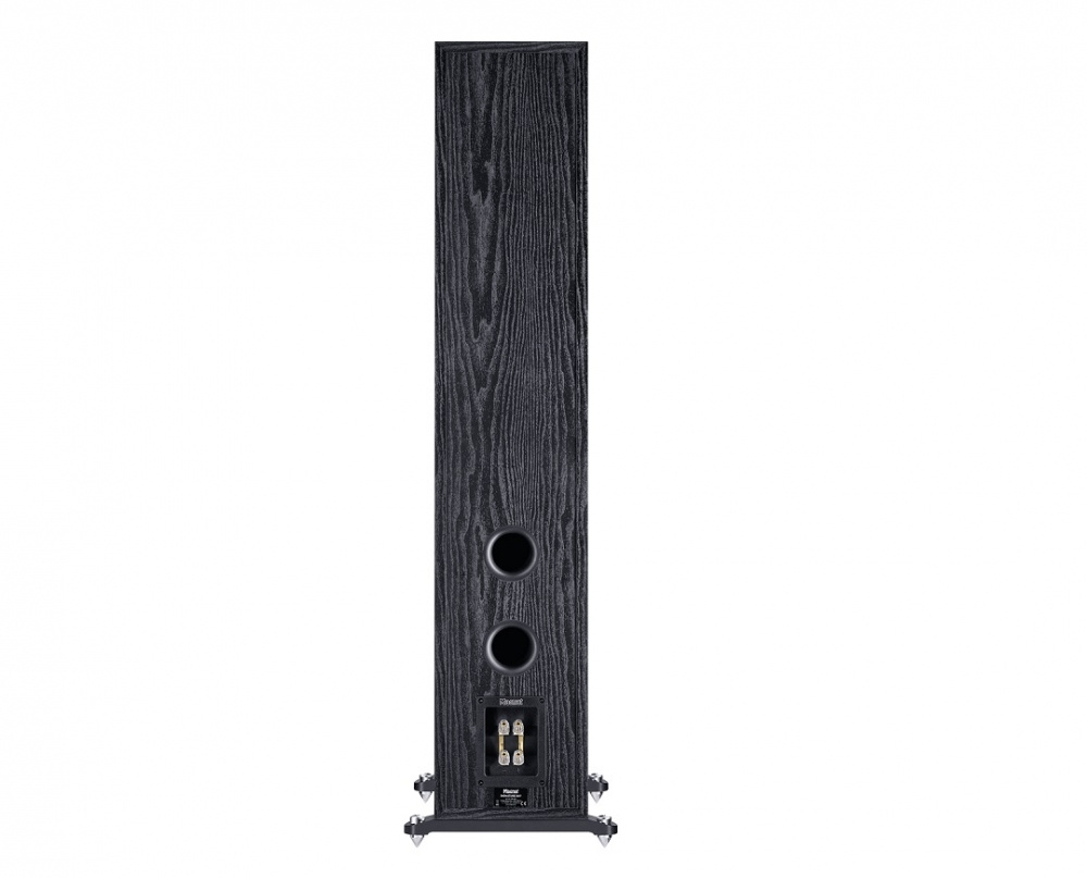 Svart golvhögtalare med dubbla basportar och anslutningsuttag bak.