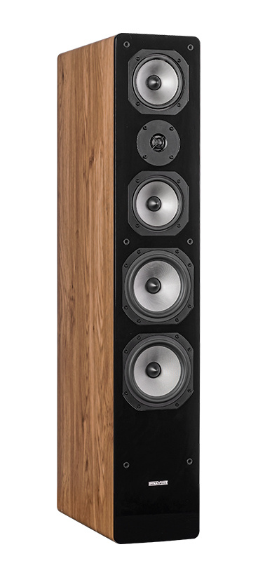 Högtalare med träfinish och flera ljudenheter för stereoljud.