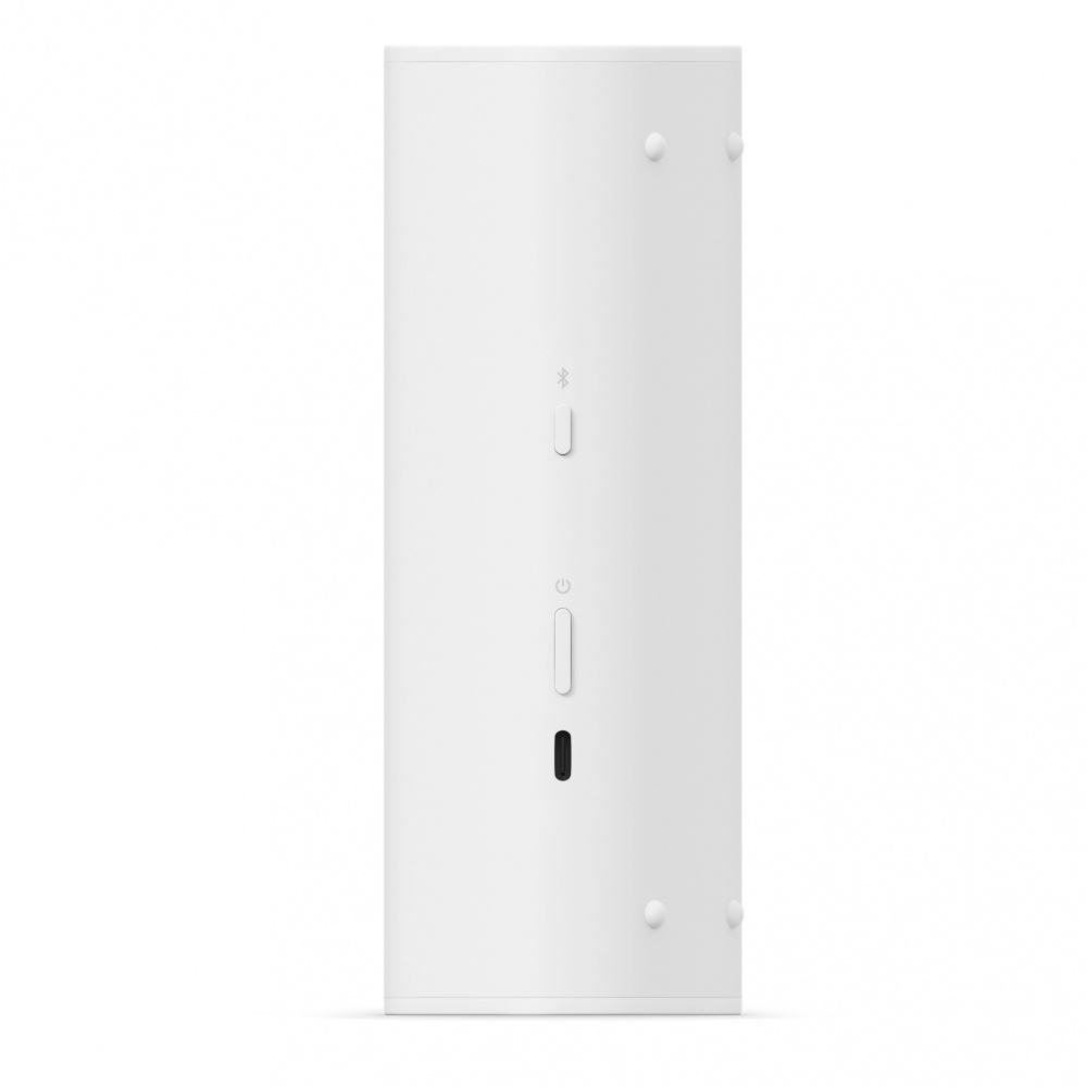 En vit bärbar högtalare med knappar och portar på sidan.