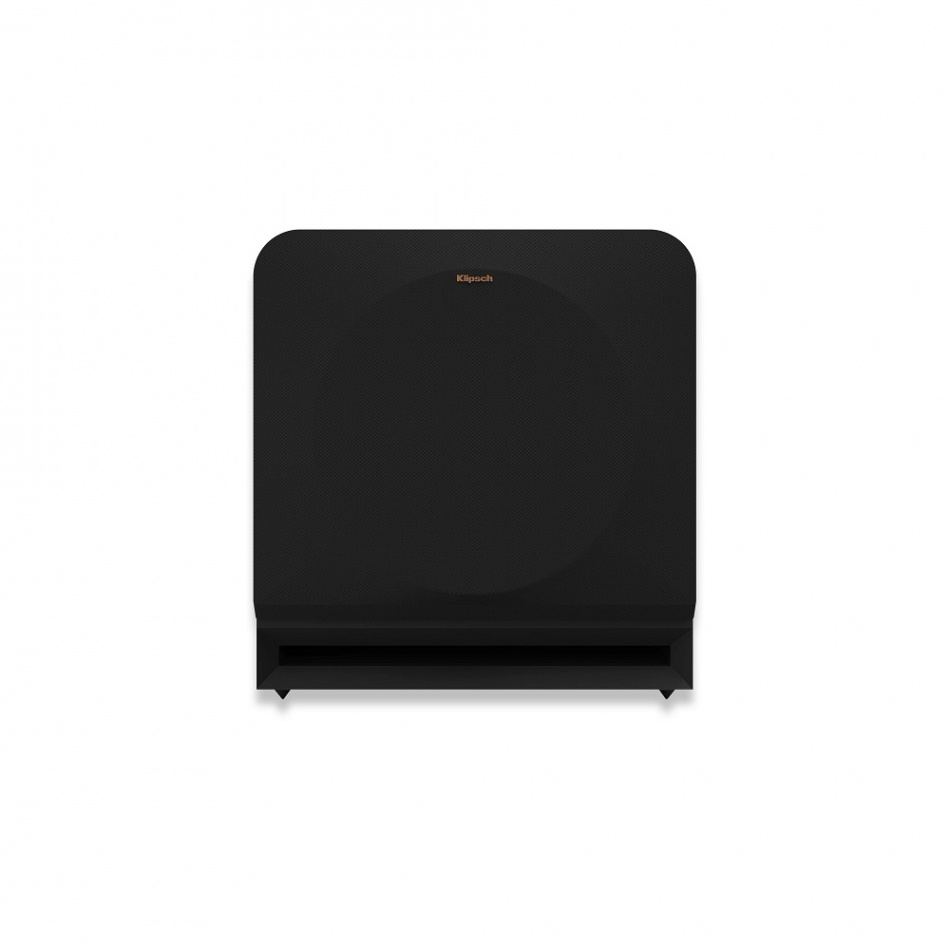 Svart aktiv subwoofer med rund grill och enkel design.