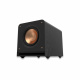 2-pack Klipsch RP-1000SW aktiv subwoofer En svart aktiv subwoofer med en kopparfärgad högtalare.