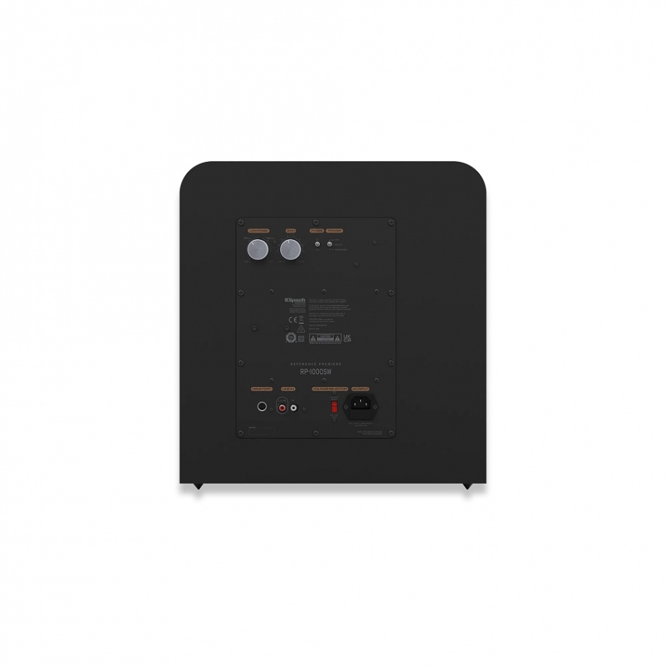 En svart aktiv subwoofer med kontroller och anslutningar på baksidan.