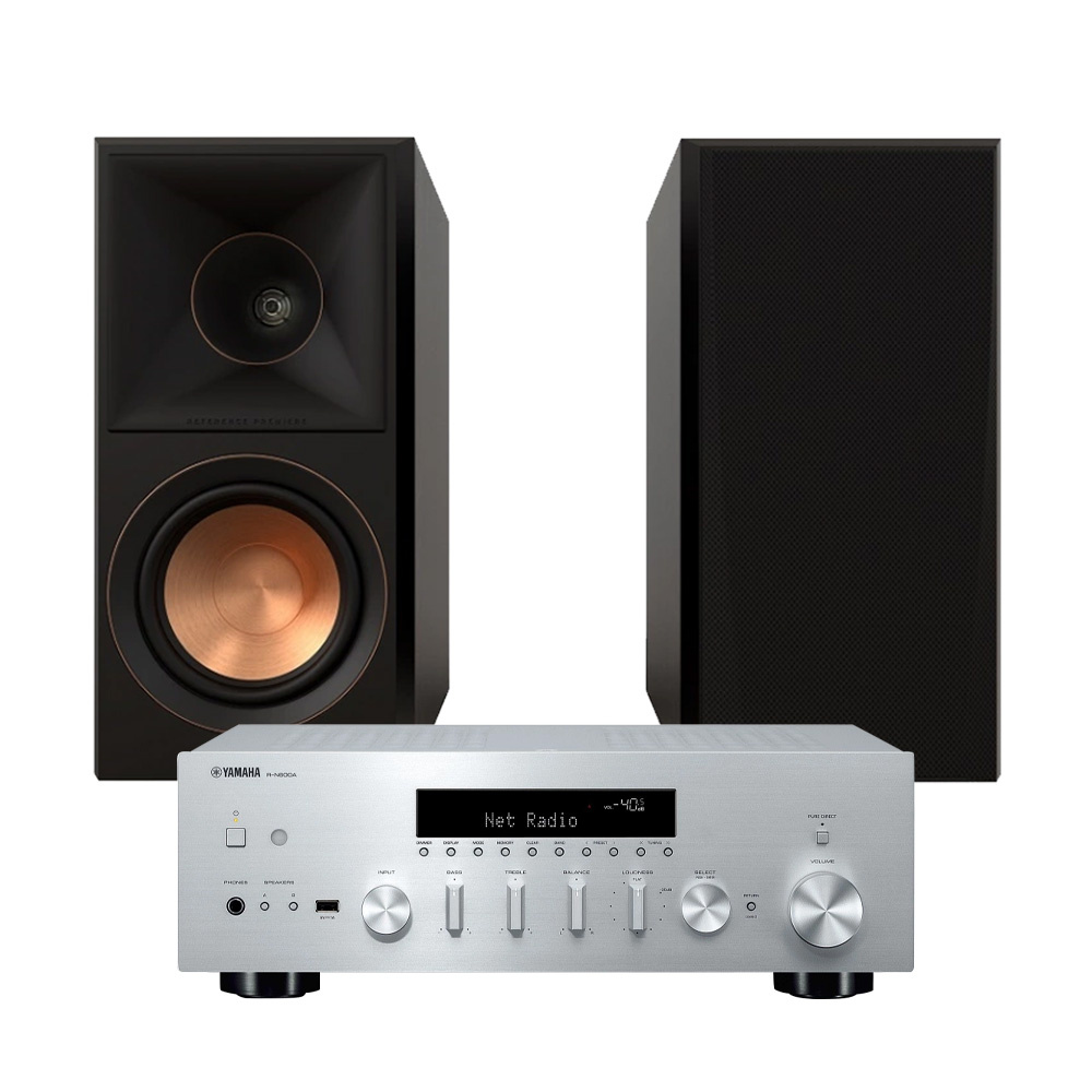 Ett stereopaket med förstärkare och två högtalare.