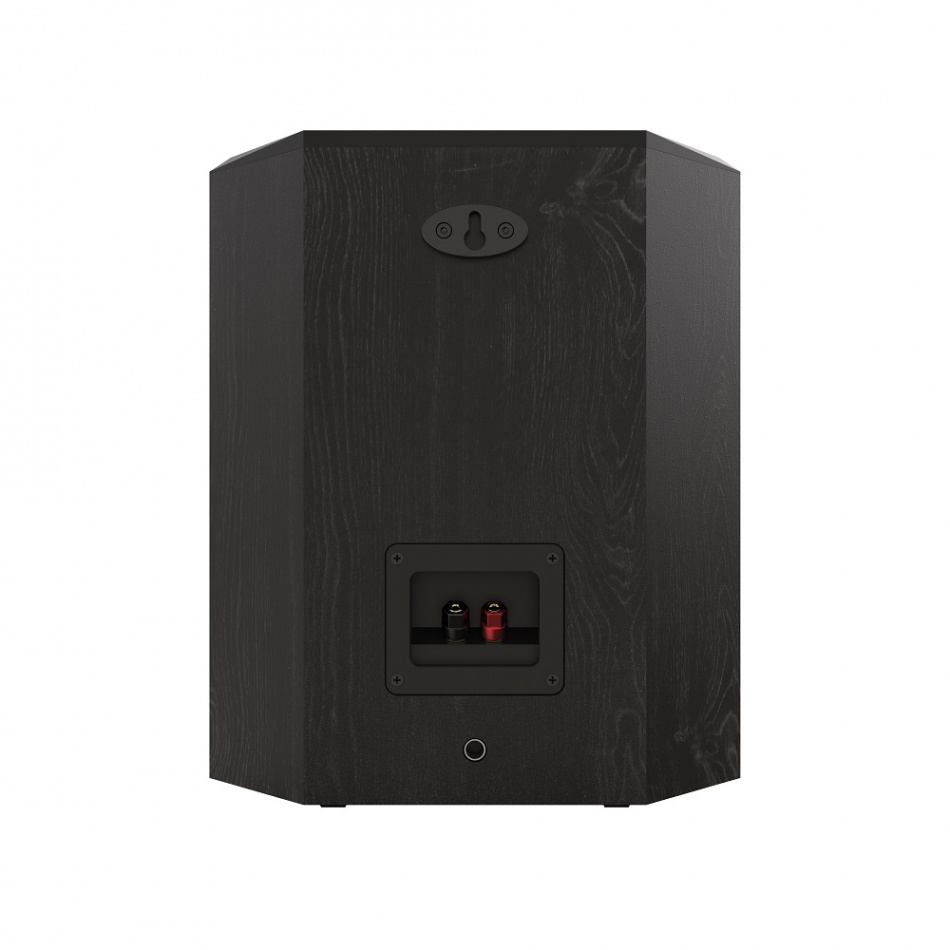 En svart subwoofer med anslutningar och en vinklad design.