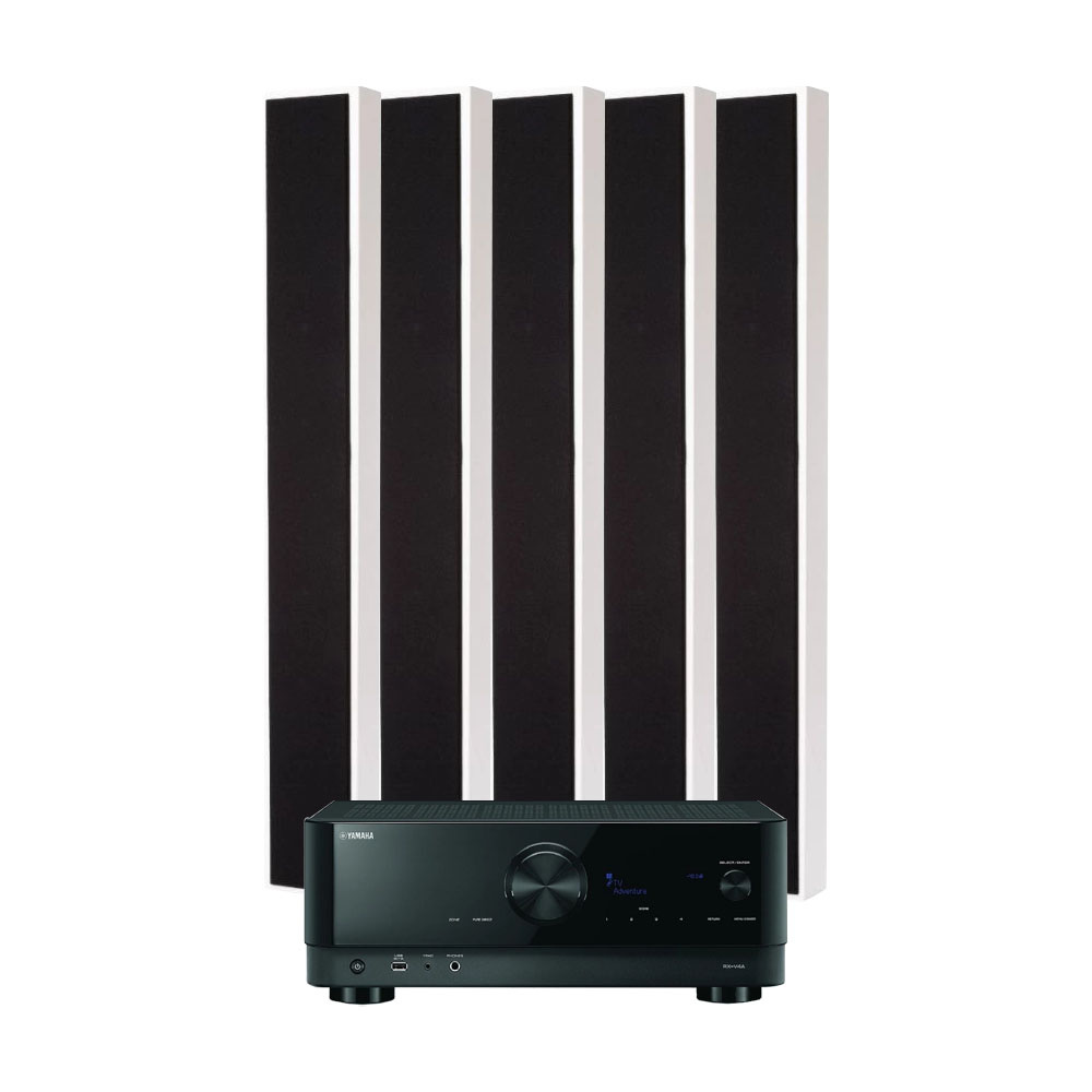 Hemmabio-paket med förstärkare och fem slimmade högtalare i vitt.