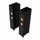 Yamaha RX-V6A & Klipsch Reference R-600F 5.1 hemmabiopaket, svart Svarta golvstående högtalare med kopparfärgade element.
